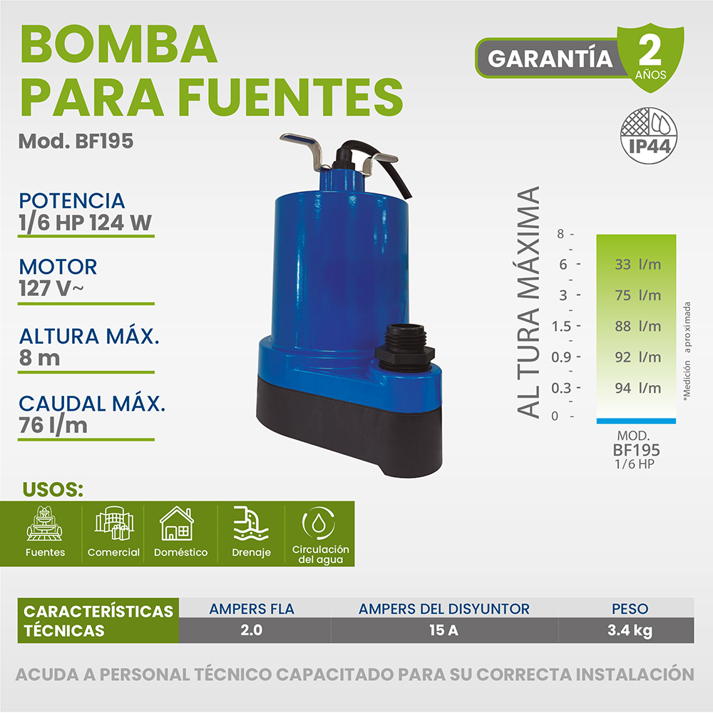 [A] (IGO-BF195) BOMBA SUMERGIBLE PARA FUENTE DE 1/6 HP MAT. PLASTICO ALT. MAX DE 8 MTS