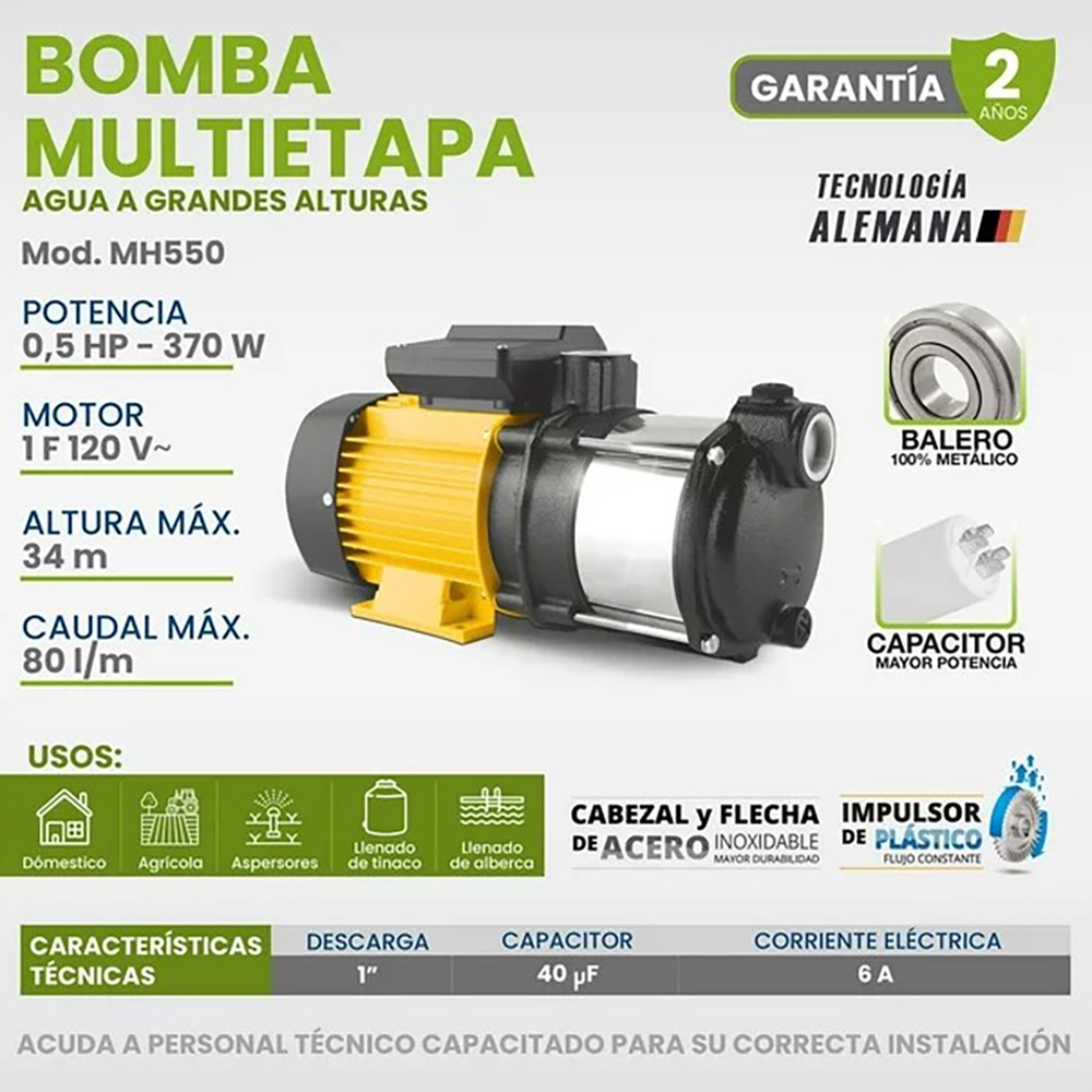 [A] (IGO-MH550) BOMBA MULTIETAPAS DE 1/2 HP ALT. DE 34 MTS CAUDAL DE 80 LTS/MIN