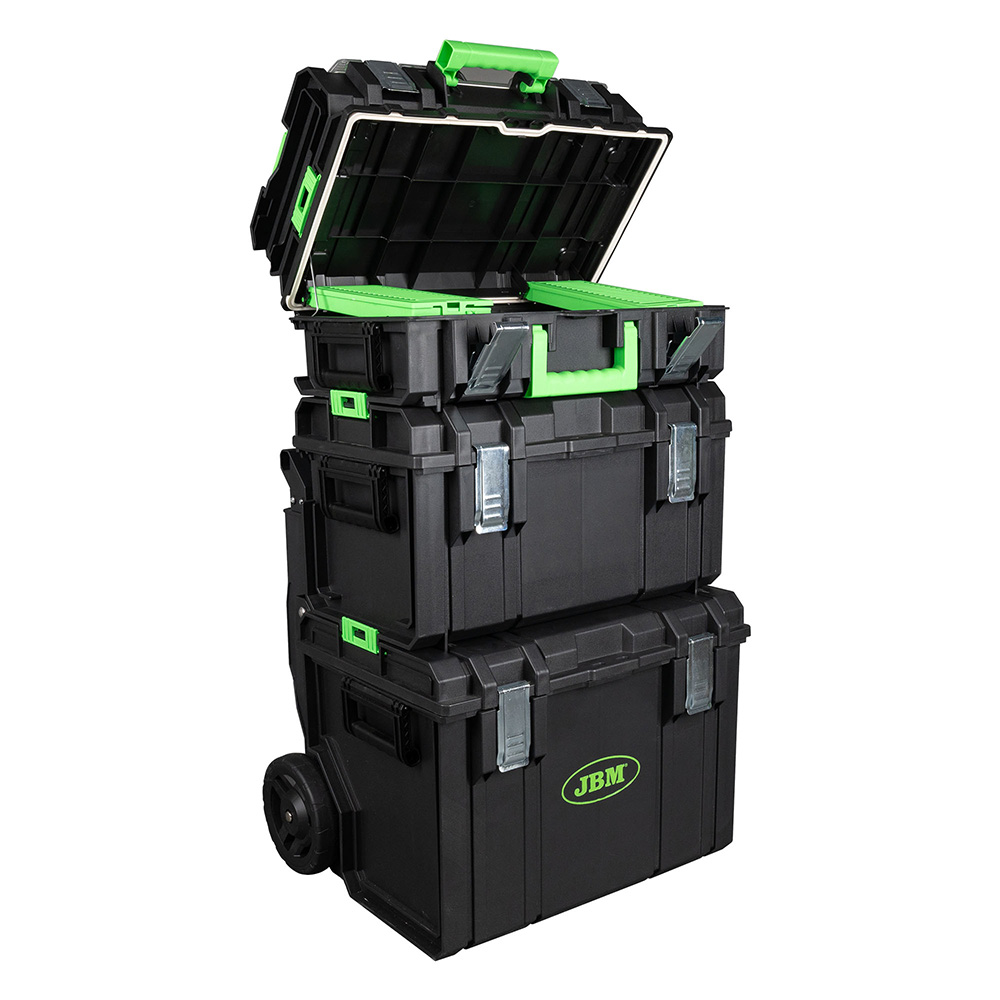 [A] (JBM-54518) KIT DE 4 CAJAS CON SISTEMA MODULAR APILABLE Y CARRO DE TRANSPORTACION