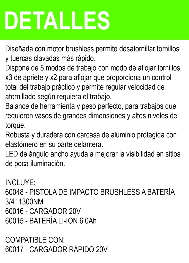 [T] (JBM-60048C) PISTOLA DE IMPACTO BRUSHLESS A BATERÍA 3/4 CON MALETÍN