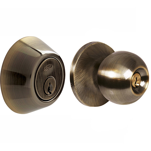 COMBO DE POMO TUBULARES DE BOLA FUNCIÓN DOBLE, LATÓN ANTIGUO, LLAVE ESTÁNDAR, BLÍSTER