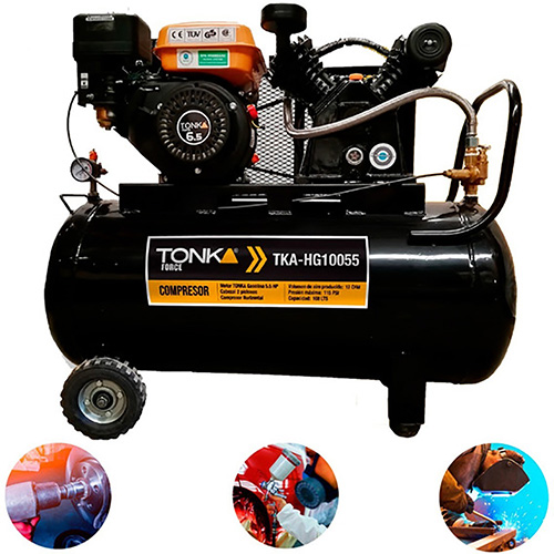 COMPRESOR HORIZONTAL 108Lts CABEZAL 2 PISTONES EN V MOTOR TONKA GASOLINA 5.5HP,