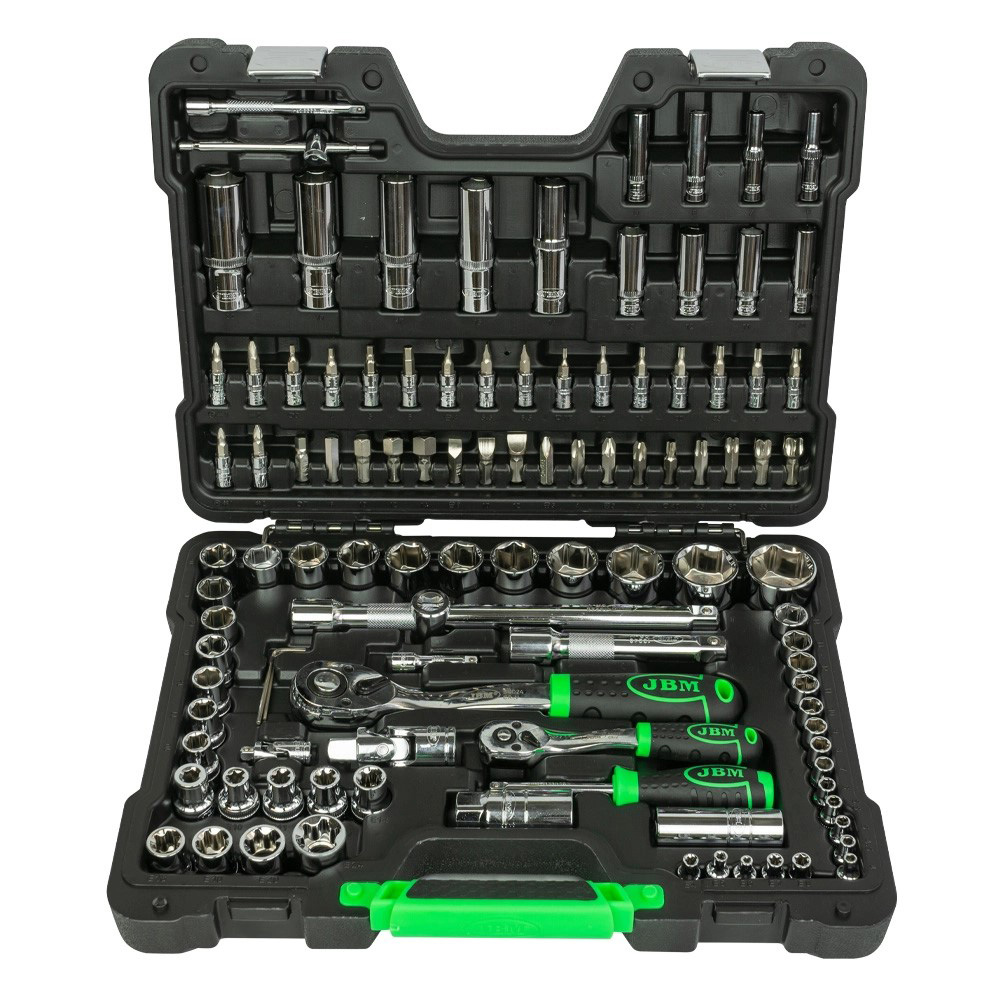 JUEGO DE MECANICO DE 108 PZAS DE 1/2 Y 1/4 C/PUNTAS DIVERSAS PARA DADOS Y DESTORNILLADOR MM CROMADO C/ESTUCHE