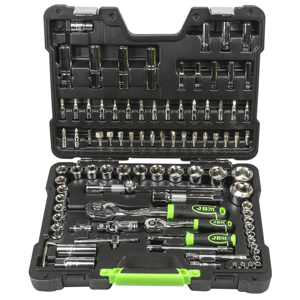 JUEGO DE MECANICO DE 94 PIEZAS DE 1/2 Y 1/4 MM DADOS CORTOS Y LARGOS CROMADO C/ESTUCHE