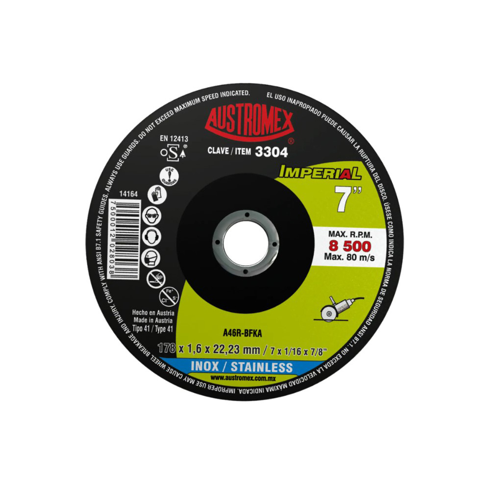 DISCO DE CORTE PARA ACERO INOXIDABLE DE 178 X 1.6 X 22.23