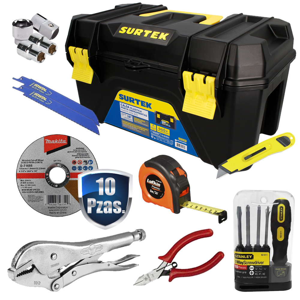 COMBO CAJA DE HERRAMIENTAS PLASTICA DE 19X10.5X10+KIT DE HERRAMIENTA BASICO DE 21 PZAS CON VALOR DE $850.00