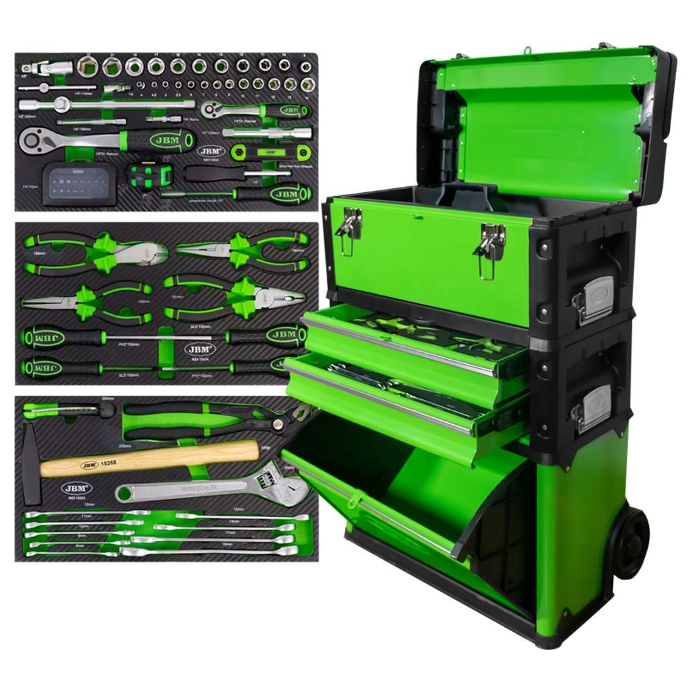 KIT MODULAR DE 3 PZAS C/COMPARTIMIENTOS DESMONTABLES TIPO CARRO CON 90 PZAS DE 1/2 Y 1/4 MM C/LLAVES COMBINADAS Y HTAS MANUALES