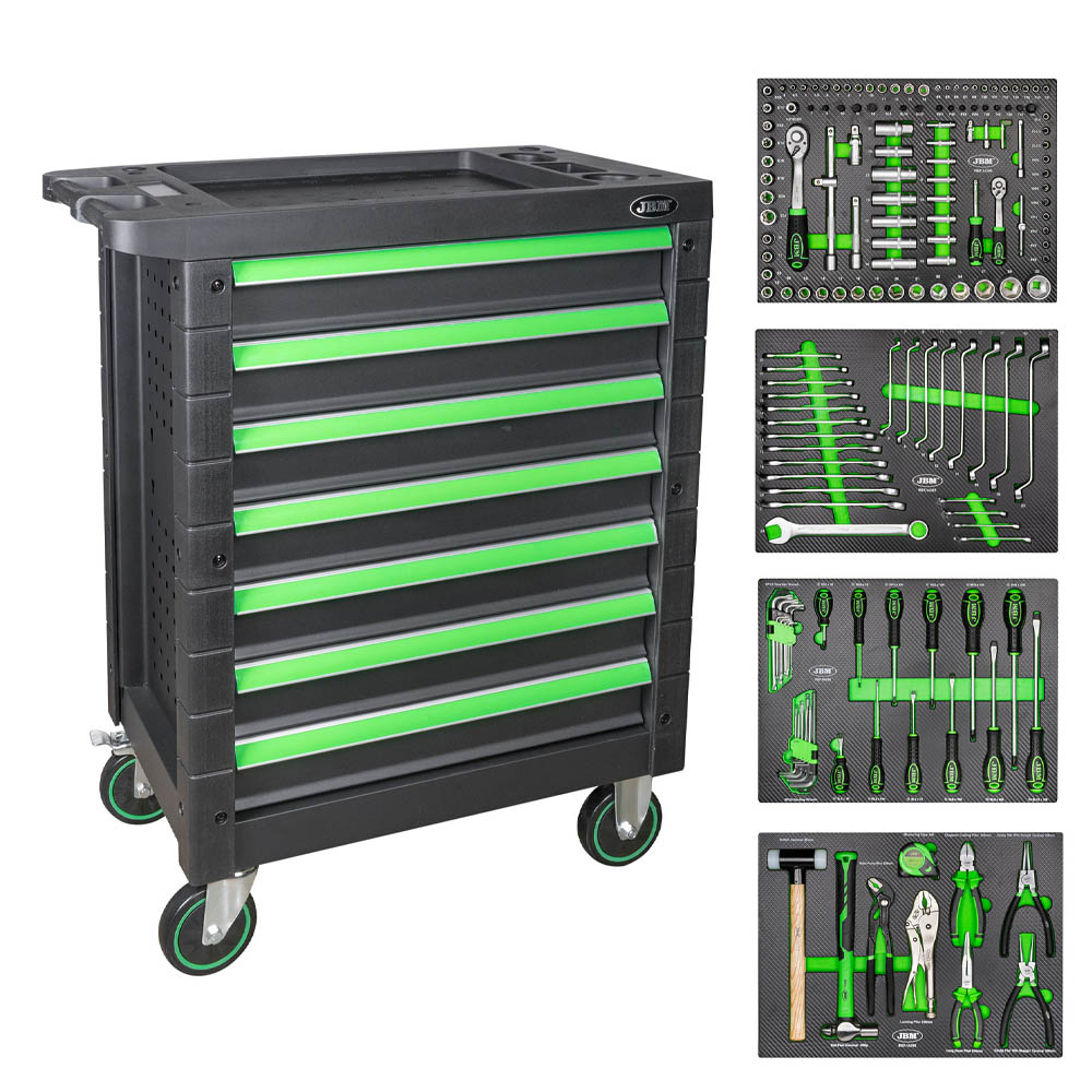 GABINETE MOVIL DE 7 GAVETAS IGUALES C/172 PZAS DE 1/2 Y 1/4 LLAVES COMBINADAS MM DESTORNILLADORES Y LLAVES HEX. MARTILLOS Y PINZAS COLOR VERDE