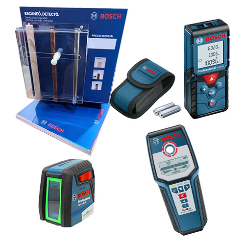COMBO HERRAMIENTAS DE MEDICION BOSCH + TELEMETRO + NIVEL + DETECTOR DE METALES C/EXHIBIDOR