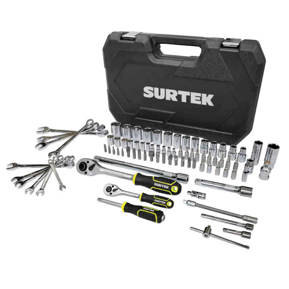 JUEGO DE MECANICO DE 84 PZAS HERRAMIENTA CROMADA C/MATRACAS DE 1/2 Y 1/4 STD Y MM CON MALETIN PLASTICO