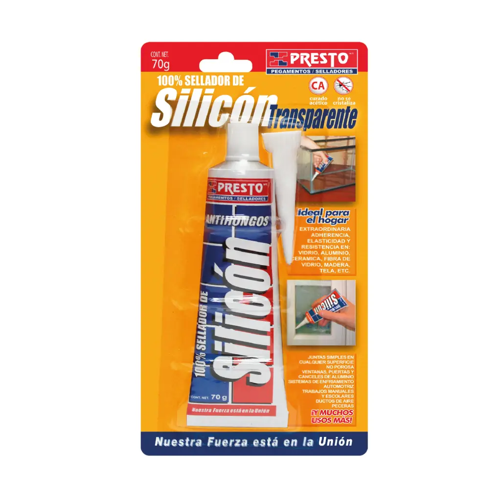 SILICON TRANSPARENTE PRESTO 100 % TUBO DE 070 GRS.