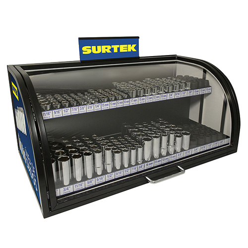 DESPACHADOR DE DADOS DE 3/8 Y 1/2 PARA MOSTRADOR CON 276 PIEZAS Y RACK METALICO