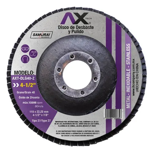 DISCO LAMINADO TIPO 29 PARA DESBASTE Y PULIDO DE OXIDO DE ZIRCONIO DE GRANO 40, 4 1/2" (200PZS)