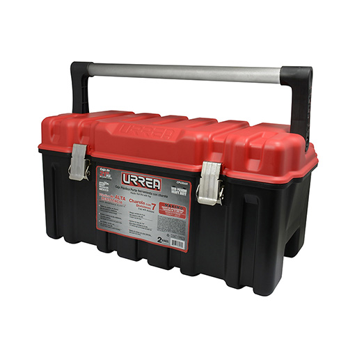 CAJA PORTAHERRAMIENTAS PLASTICA CON BROCHES METALICOS, CHAROLA Y TAPA ROJA 21" X 11" X 10"