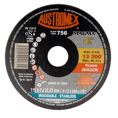 DISCO ABRASIVO PARA CORTE DE ACERO INOXIDABLE DE 115 X 1.0 X 22.23 MM