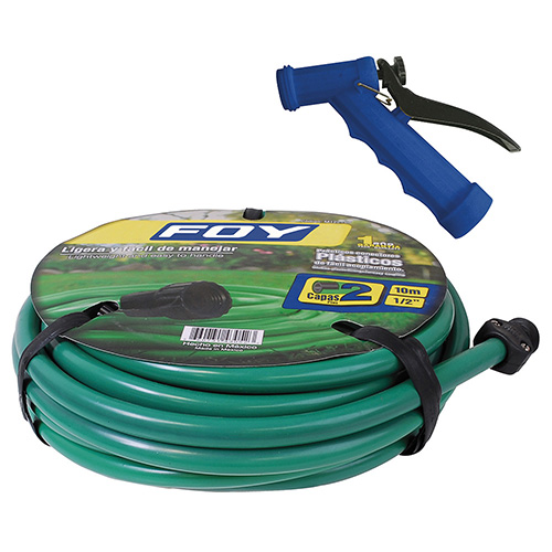 MANGUERA PARA JARDIN LISA EN ROLLO 2 CAPAS 1/2", 10 M CON PISTOLA PARA RIEGO