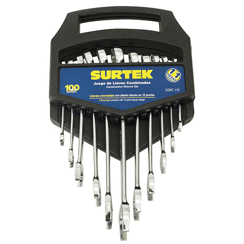 JUEGO DE 11 LLAVES COMBINADAS SATINADAS EN PULGADAS, 12 PUNTAS EN RACK