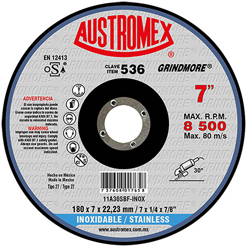 DISCO P/DESBASTE ACERO INOXIDABLE 7 X 1/4 X 7/8 GRINDMORE