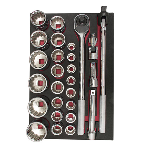 JUEGO DE DADOS CORTOS Y ACCESORIOS CUADRO 3/4" METRICOS, 27 PIEZAS