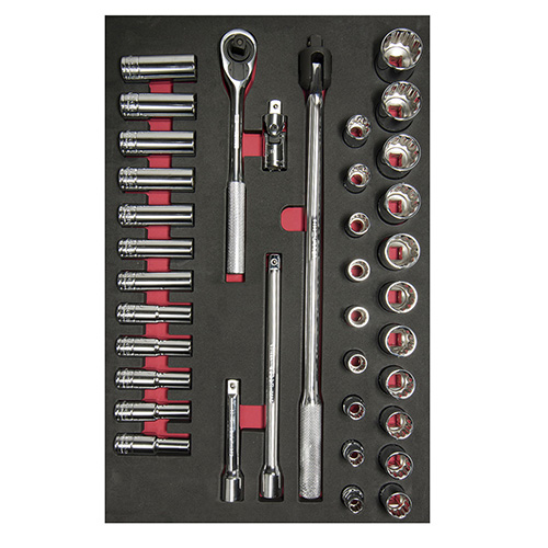 JUEGO DE DADOS CORTOS Y LARGOS Y ACCESORIOS CUADRO DE 1/2" METRICOS, 37 PIEZAS