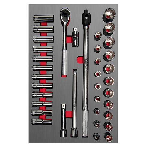 JUEGO DE DADOS CORTOS Y LARGOS Y ACCESORIOS DE 1/2" METRICOS, 37 PIEZAS
