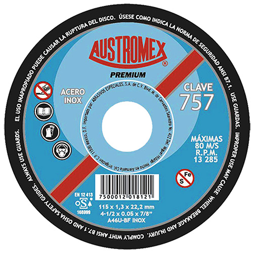 [AUS-757] DISCO P/CORTE METAL SUPERDELGADO 4 1/2 X 1/16 X 7/8 AC. INOX. PREMIUM