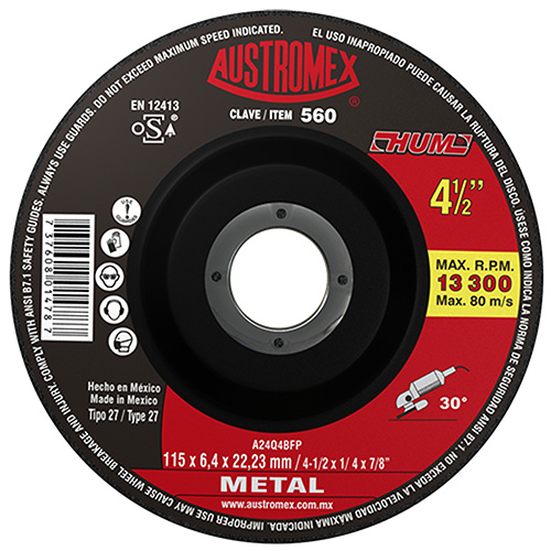 [AUS-560] DISCO P/DESBASTE METAL 4 1/2 X 1/4 X 7/8 LINEA HUM ROJO