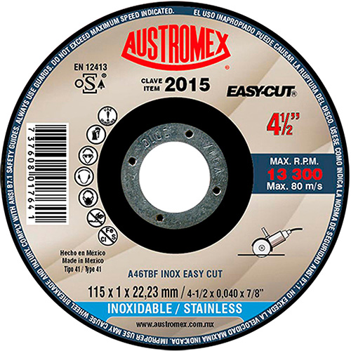 [AUS-2015] DISCO P/CORTE METAL SUPERDELGADO 4 1/2 X 3/64 X 7/8 AC. INOX. EASY CUT