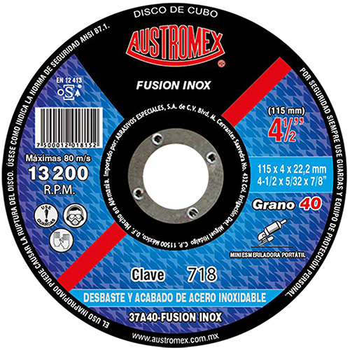 [AUS-718] DISCO ABRASIVO PARA DESBASTE Y ACABADO DE ACERO INOXIDABLE DE 115 x 4.0 x 22.23 MM (CUBO)