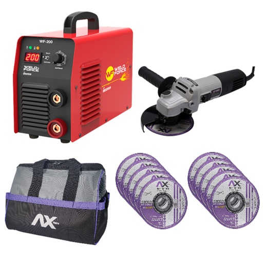 [WEF-WF-200+C2] COMBO SOLDADORA INVERSOR 200A BI VOLTAJE 110/220  P/ELECT. Y TIG LIFT+MINIESMERILADORA 4 1/2+BOLSA P/HTA+10 DISCOS AXT