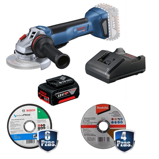 [BOI-06019J41E0+C01] COMBO MINIESMERILADORA 5 PULG 18 V GWS18V-10+BATERIA 4 AMP+CARG. RAPIDO+10 DISCOS CORTE 6 BOSCH/4 MAKITA