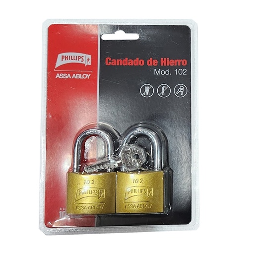 [PHI-MX7170] CANDADO DE HIERRO ACABADO COLOR LATON GANCHO LARGO GEMELO 2 PZAS MISMA LLAVE MODELO 99 DE 20 MM (PHI-99)