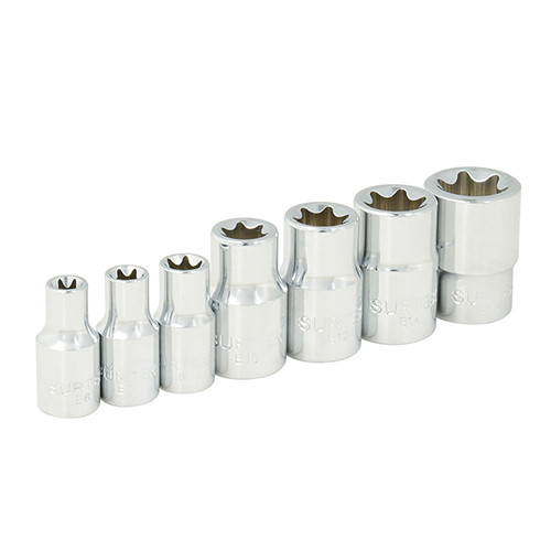 [SUR-F4451E] JUEGO DE DADOS PUNTA TORX C/CUADRO DE 1/4 Y 3/8, C/7 PZAS.