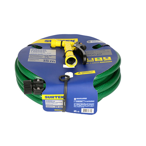 [SUR-JM12ST15] MANGUERA PARA JARDIN TRAMADA VERDE 1/2", 15 M CON PISTOLA PARA RIEGO