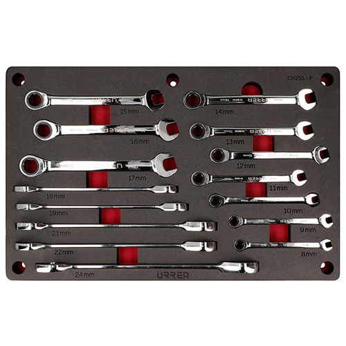 [URR-CH256P] JUEGO DE 15 LLAVES COMBINADAS PULIDO ESPEJO DE MATRACA METRICAS, 12 PUNTAS
