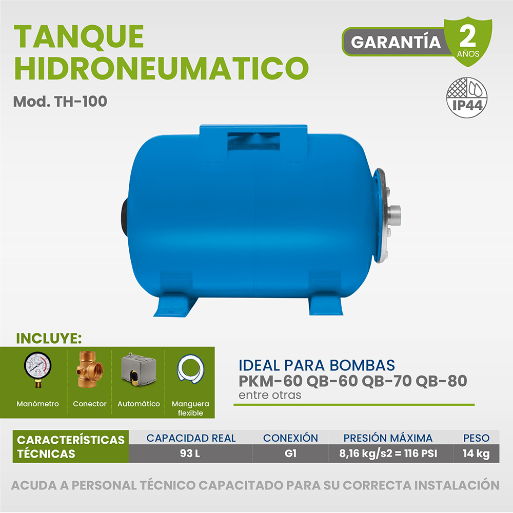 [A] (IGO-TH-100) TANQUE HIDRONEUMATICO DE 93 LTS INC. MANOMETRO, CONECTOR, AUTOMATICO Y MANGUERA IDEAL PARA PKM60, QB60,QB70 Y QB80