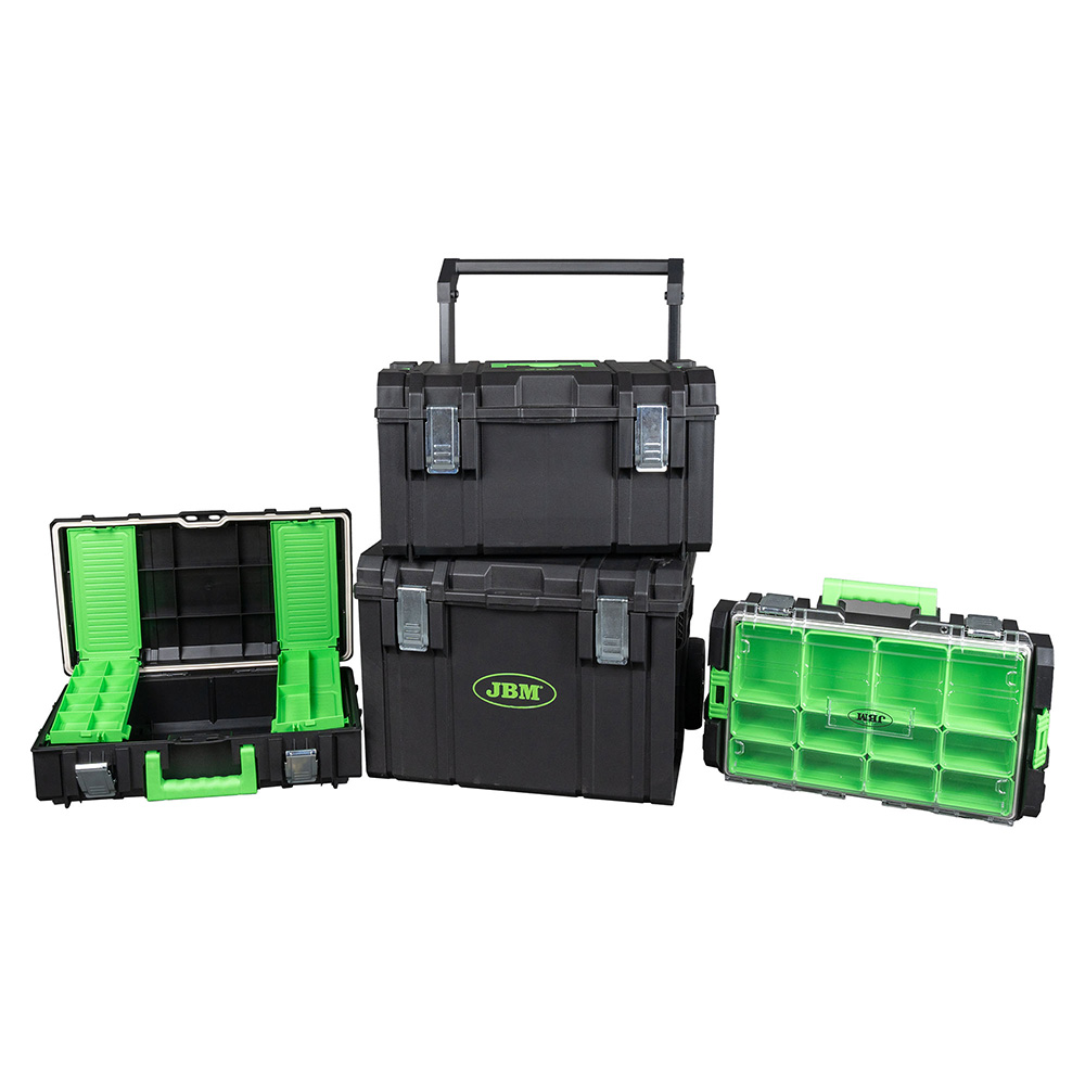 [A] (JBM-54518) KIT DE 4 CAJAS CON SISTEMA MODULAR APILABLE Y CARRO DE TRANSPORTACION
