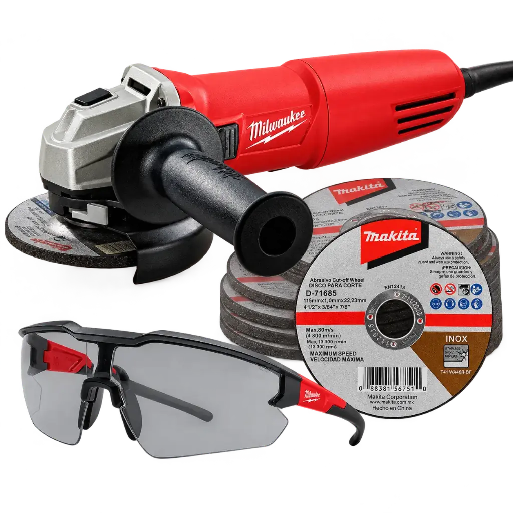 COMBO MINIESMERILADORA 4 1/2 11,000 RPM 7.5 AMP (750 W) (INCLUYE LENTES Y 10 DISCCOS GRATIS)
