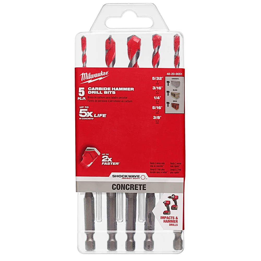 KIT DE BROCAS DE CARBURO DE 5 PZAS SHOCKWAVE IMPACT DUTY P/CONCRETO (5/32-3/16-1/4-5/16 Y 3/8) ZANCO 1/4