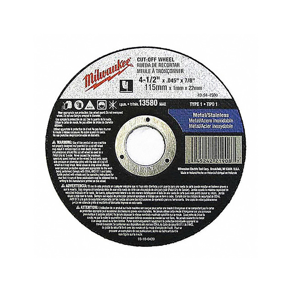 DISCO P/ CORTE METAL 4-1/2" X .045, ORIFICIO FLECHA 7/8", 13580 RPM, A60T, TIPO 1