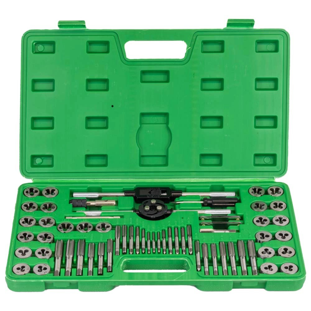 JUEGO DE MACHUELOS Y TARRAJAS COMBINADO METRICO Y PULGADAS CON 60 PIEZAS C/ESTUCHE