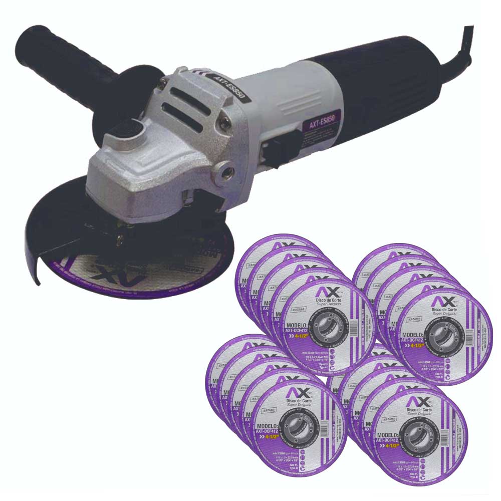 COMBO MINIESMERILADORA 4 1/2" 850 WATTS AXT-ES850 + 20 DISCOS P/CORTE SUPER DELGADO DE 4 1/2" X 1.2MM X 7/8" AXT-DCF412
