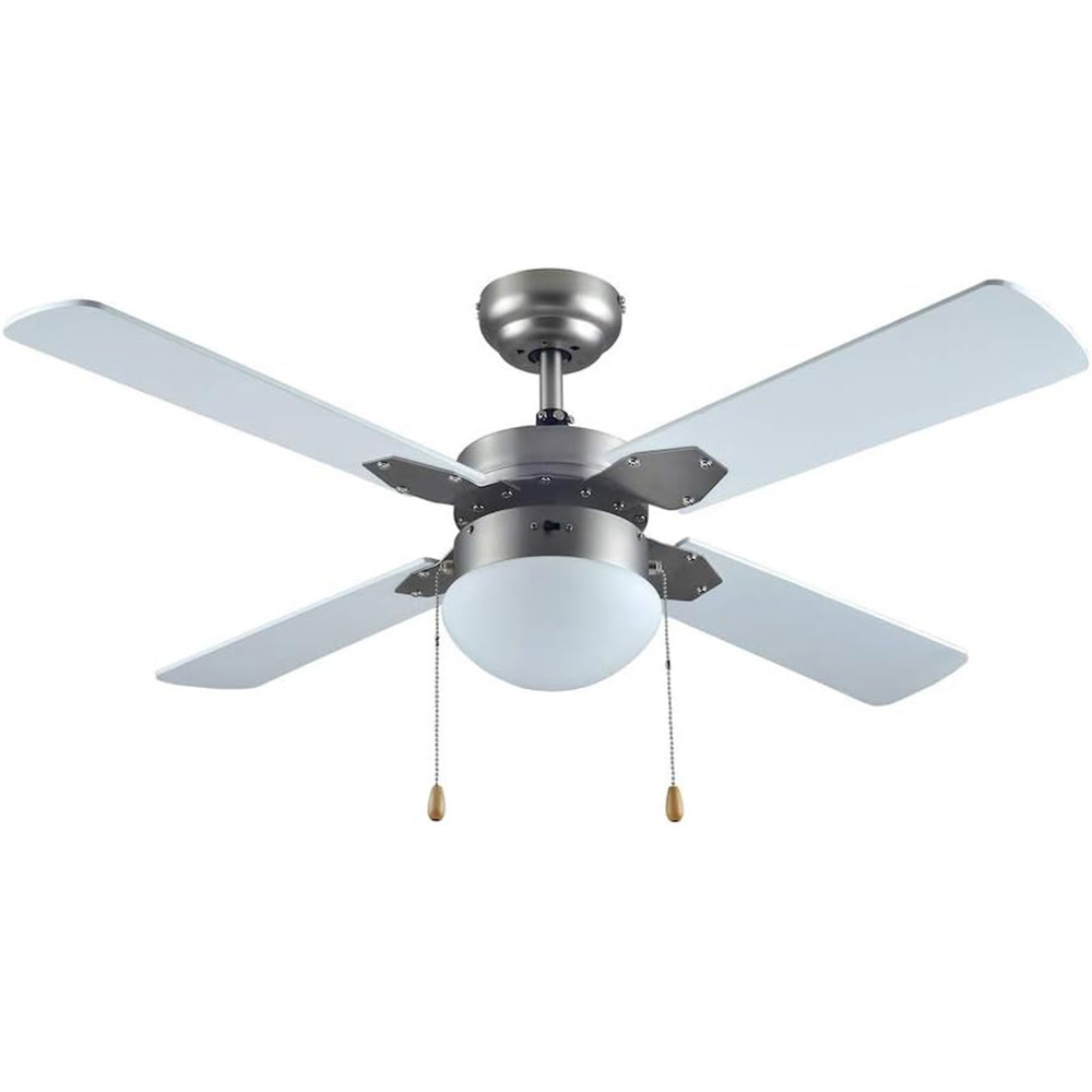 VENTILADOR DE TECHO DE 42 PULGADAS DE 60 WATTS CON LUZ Y CADENA COLOR NIQUEL SATINADO Y ASPAS BLANCAS MOD. BREZZA