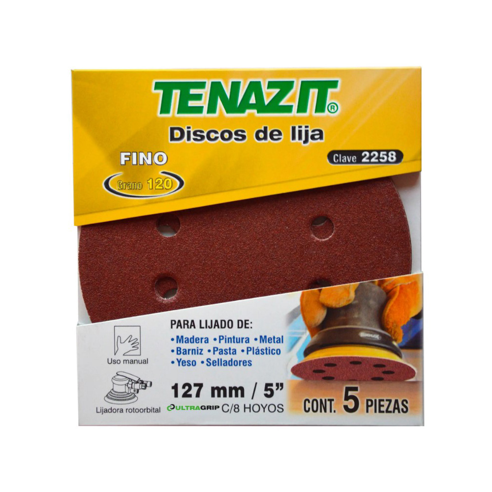 PAQUETE DE 5 DISCOS DE LIJA AUTOADHERIBLE GRANO 120 DE 127MM