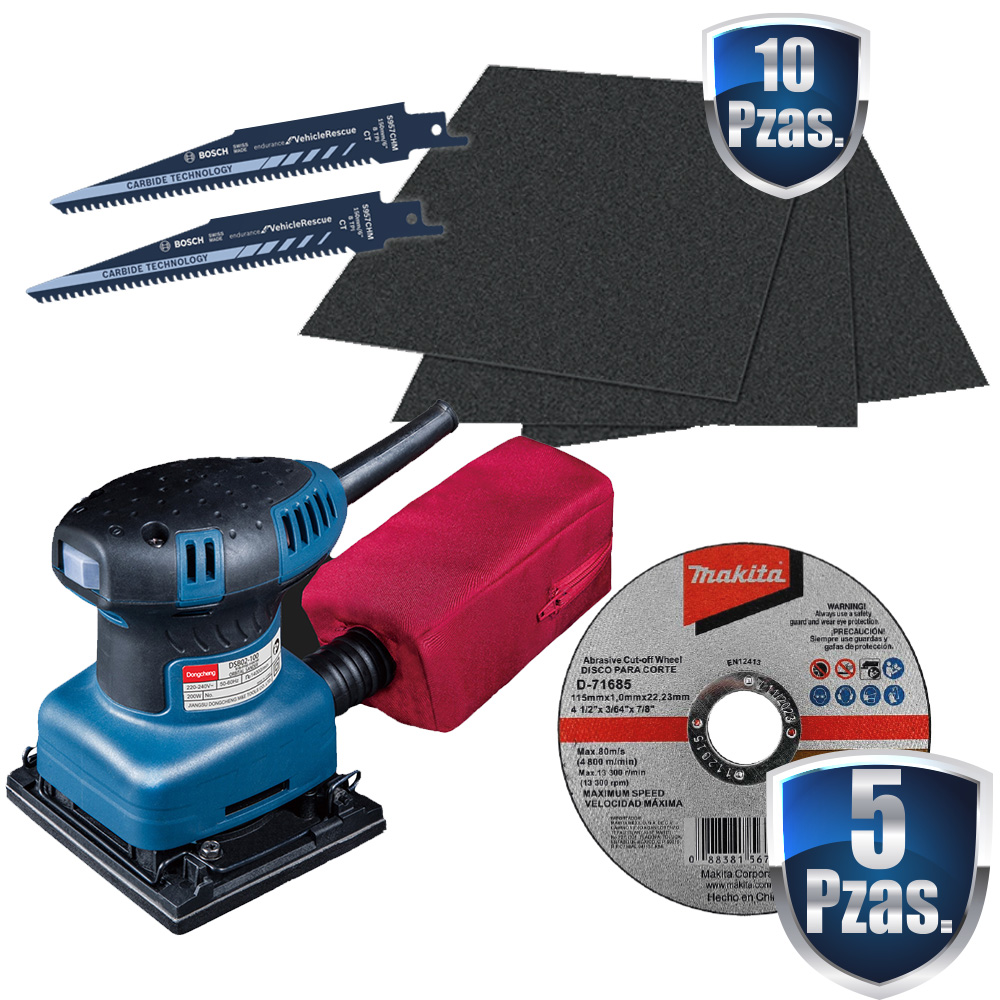 COMBO LIJADORA ORBITAL 1/4 HOJA 200 WATTS+HOJAS DE LIJA AUSTROMEX+2 SEGUETAS SABLE BOSCH+5 DISCOS MAKITA