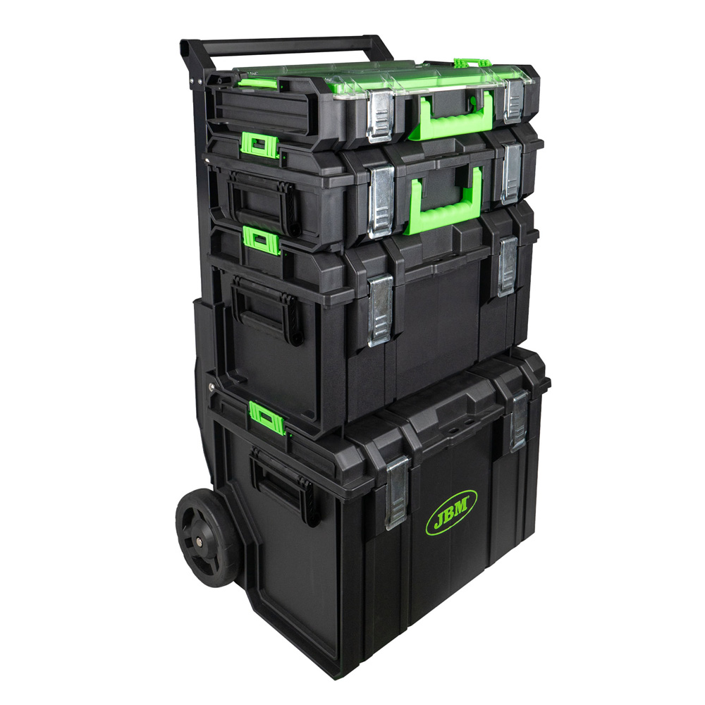 KIT DE 4 CAJAS CON SISTEMA MODULAR APILABLE Y CARRO DE TRANSPORTACION