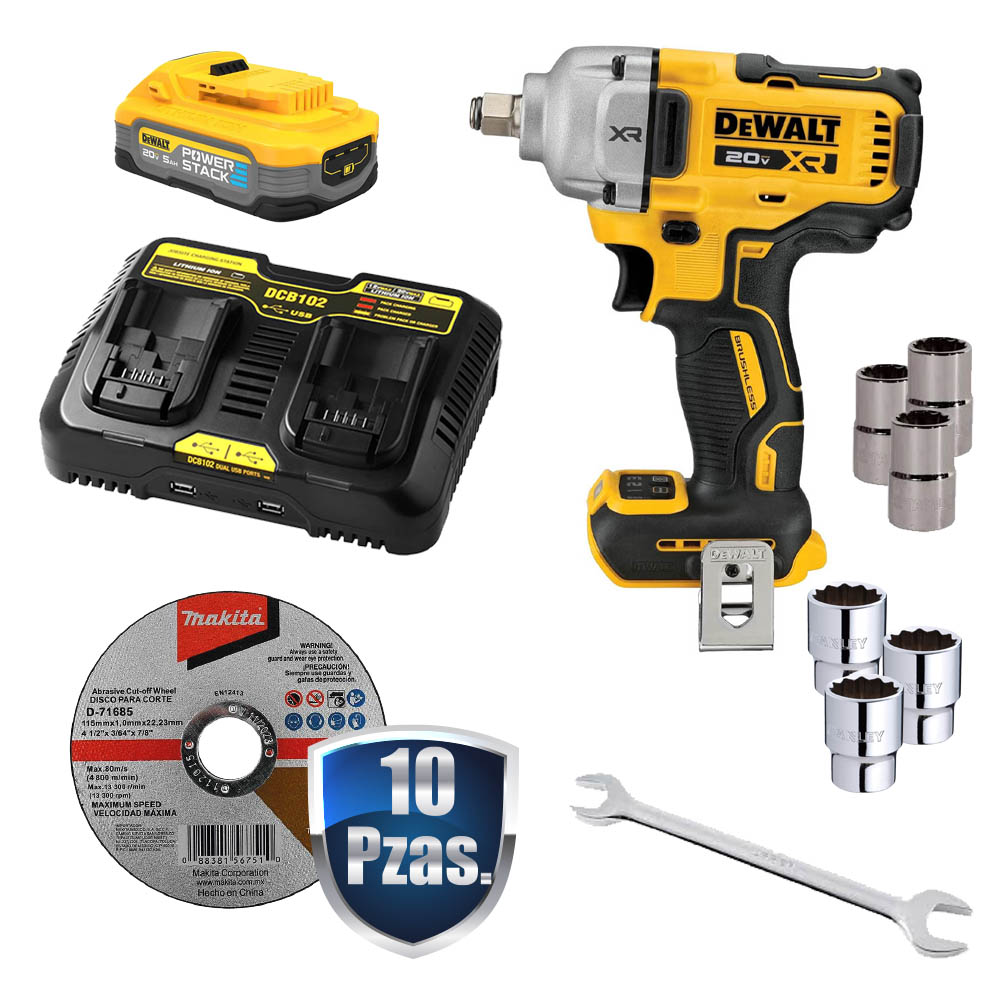COMBO LLAVE DE IMPACTO 1/2 20V S/CARB+1 BAT POWERSTACK 5AMP+CARGADOR DOBLE+7 ACCS STANLEY+10 DISCOS D1685
