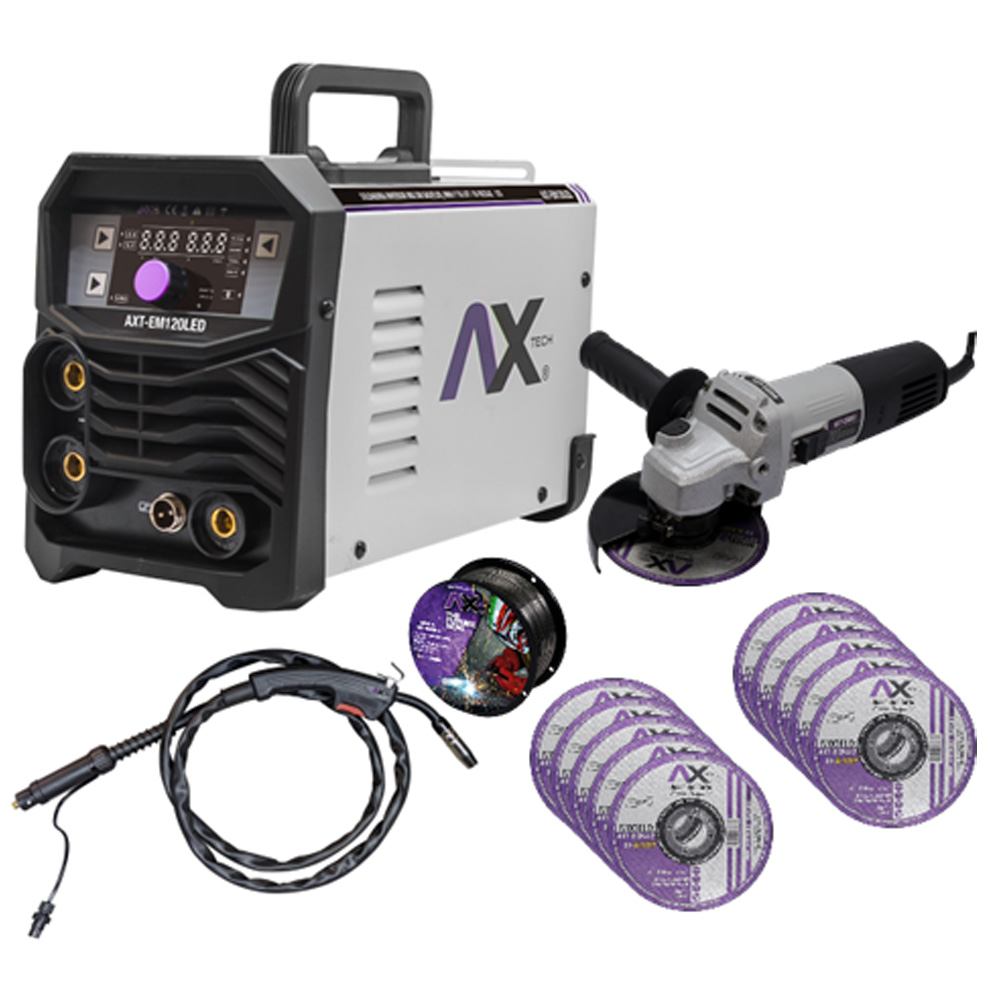 COMBO SOLD. INV. MICROALAMBRE 1 Kg/ELECT/TIG LIFT 120 AMP, BIVOLTAJE+MINIESMERILADORA+10 DISCOS+ROLLO DE 1 KG
