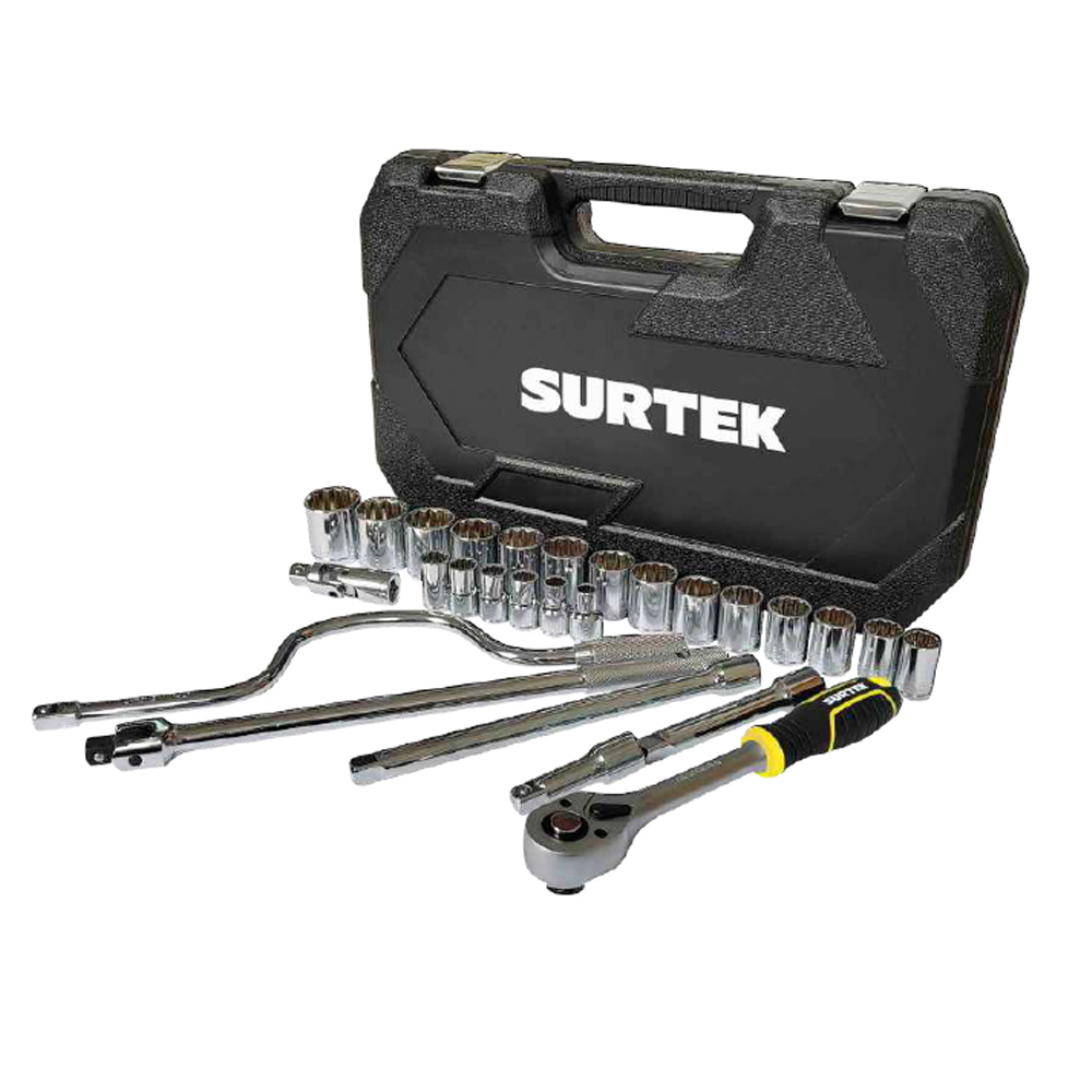 JUEGO DE MECANICO DE 27 PZAS HERRAMIENTA CROMADA C/MATRACA DE 1/2 HTA ESTANDAR CON MALETIN PLASTICO