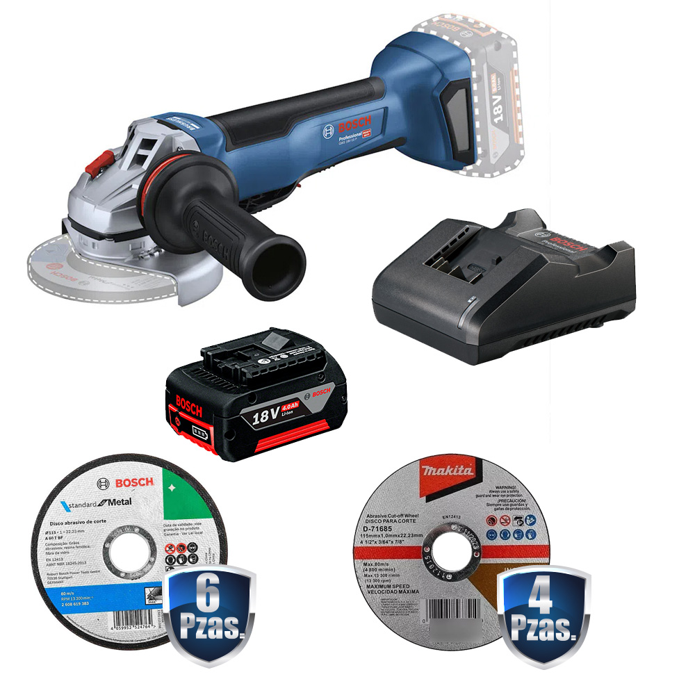 COMBO MINIESMERILADORA 5 PULG 18 V GWS18V-10+BATERIA 4 AMP+CARG. RAPIDO+10 DISCOS CORTE 6 BOSCH/4 MAKITA